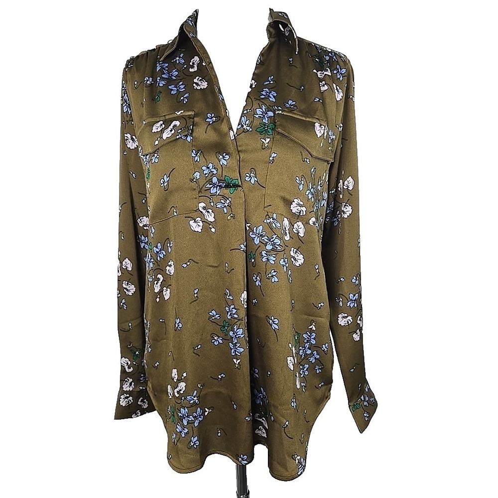 Ann Taylor Olive Green Floral Button-Up Blouse